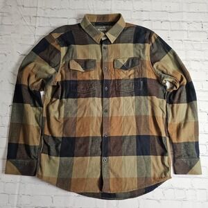 KUIU Field Flannel Shirt Large Brown Olive Plaid Cotton Wool Blend Button Down